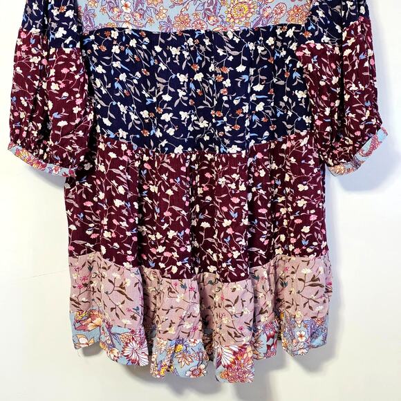 Women's Retro Boho Floral Tiered Smock Dress - V-Neck, Mixed Print, Size L - Picture 4 of 8